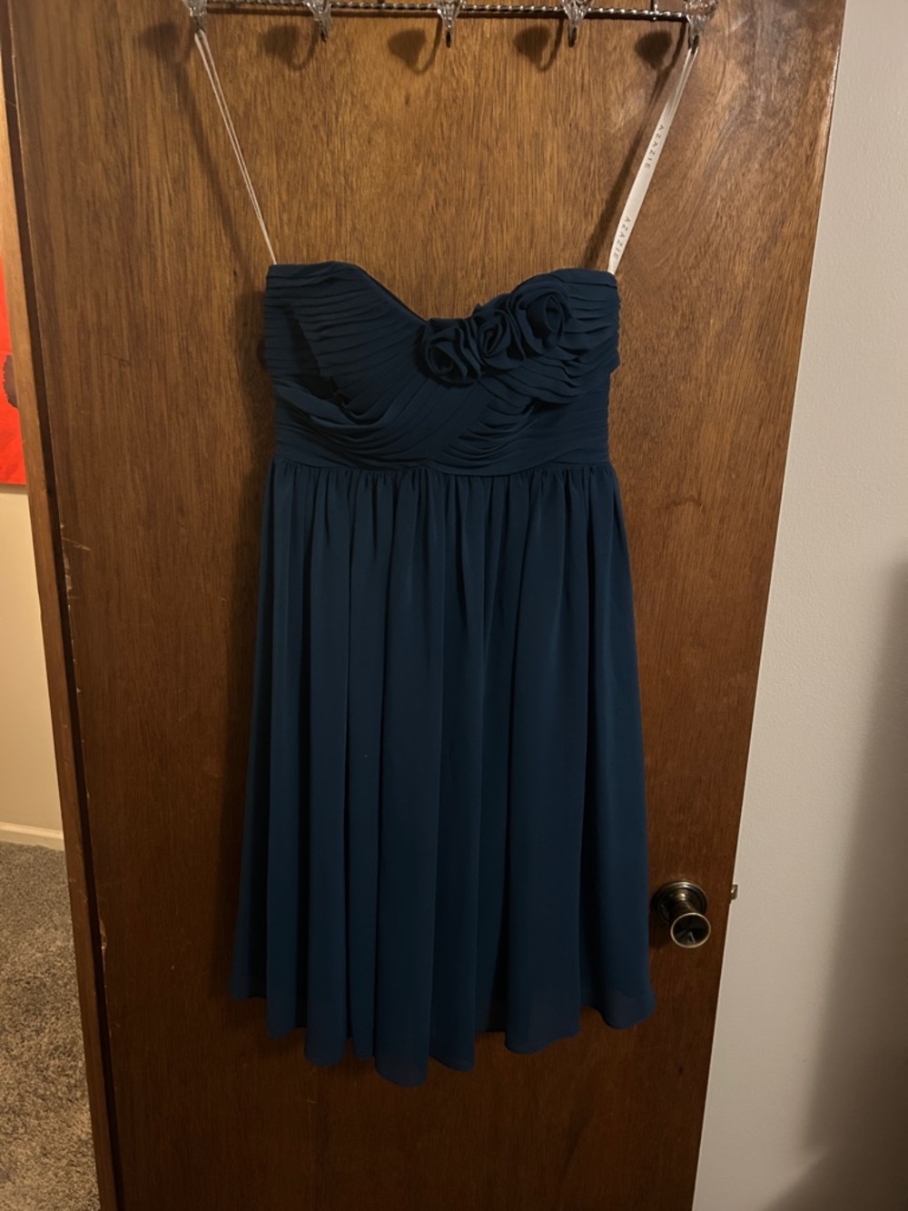 Azazie Navy Strapless Chiffon Dress with Floral Detail